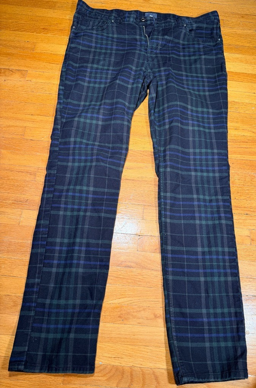 H&M Men’s Skinny Fit Plaid Pants Size 33 Navy Green Blue Stretch 28” Inseam